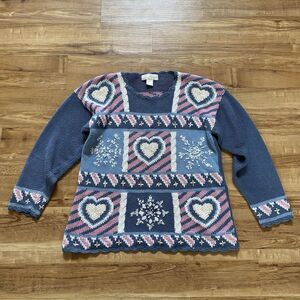 VINTAGE 90s Women M Blue Granny Core Heart Patchwork Heavy Knit Sweater Cottage